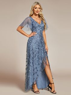 Short Sleeves Sequin High Low V-Neck Midi Formal Evening Dress #color_Dusty Navy Midi Evening Dress, Military Ball Dress, Evening Midi Dress, Silhouette Dress, Causal Dresses, Banquet Dresses, Formal Evening Dress, Hi Low Dresses, Affordable Dresses