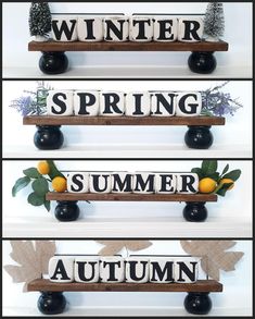 three wooden signs that say winter, spring, and autumn on top of each other