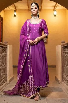 Shop for Leela by A Purple Chanderi Zari Embroidered Anarkali Set for Women Online at Aza Fashions Purple Anarkali, Sheer Dupatta, Scallop Border, Embroidered Anarkali, Pattern Embroidery, Churidar, Set For Women, Anarkali, Aza Fashion