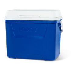 a blue and white cooler with the word igloo on it's side