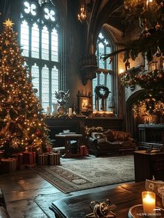 a living room filled with furniture and christmas tree in front of a large window next to a fireplace