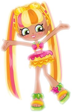 a cartoon girl with long blonde hair wearing sandals and a pink dress, holding her arms out