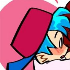 a drawing of a girl with blue hair hugging her face in front of a heart