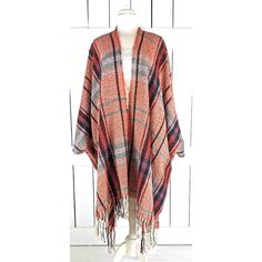 Red Tartan Plaid Tassel Fringe Kimono Cardigan Cover Up Jacket One Size Measurementstaken Flat -Size: One Size Fits All -Across Seam To Seam: 50" -Length With Fringe: 39" Features -Lightweight Soft Cozy Woven Wool/Polyester/Acrylic Blend -Natural Fall Colors -Bohemian Gypsy Oversized Flowing Style -Classic Kimono Style With An Open Front And Generous Arm Holes -The Perfect Layering Piece That Can Easily Be Dressed Up Or Down -So Cozy And Perfect For Those Cooler Days Winter Shawl With Tassels, One Size Winter Outerwear With Fringe, Oversized Fringe Cardigan For Fall, Oversized Spring Outerwear With Tassels, One Size Tassel Cardigan For Fall, Oversized Tassel Outerwear For Spring, Casual Long Fringe Outerwear, Multicolor Fringe Winter Outerwear, Winter Fringe Shawl Outerwear