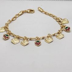 Brand New Brazilian 18k Gold Filled Multi Strawberry & Hearts Bracelet "Indulge In Luxurious Style With Our Brand New Brazilian 18k Gold Filled Multi Strawberry & Hearts Bracelet. The Delicate Design Features Elegant Strawberries And Hearts, Perfect For Adding A Touch Of Sweetness To Any Outfit. With A 6" Length And A Free Jewelry Bag Included, This Bracelet Makes A Stunning Gift For Yourself Or A Loved One." Hearts Bracelet, Strawberry Hearts, Strawberry Charm, Kids Accessories Jewelry, Jewelry Lookbook, Delicate Design, Jewelry Bag, Heart Bracelet, Jewelry Bags