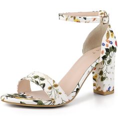 PRICES MAY VARY. [ Material ]: 7 colors: Black, Blue, Pink, Red, Dark Blue, White Fabric Upper; Rubber Sole; ABS Heel Heel Height: 3'' (approx 7.5 cm) [ FEATURES ]: Ankle Strap; Floral Printed; Chunky Heels; Buckle Closure; Block Heel; Open Toe; Lightly Padded [ Good for Various Occasion ]: Whether a party, work, date, wedding, cocktail party, nightclub, homecoming, ocean, travel, or another special occasion, you can pair gold/silver heels with dresses, T-shirts, jeans, shorts, or anything casua Ankle Strap Chunky Heels, White Sandals Heels, Sandals White, Chunky High Heels, Chunky Heels Sandals, Strappy Sandals Heels, Chunky Block Heels, Open Toe Shoes