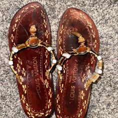 Louis Vuitton Cherry Wood Wedge Flip Flops In Used Condition **Unable To Verify Authenticity, But I Have Seen Similar Listings For These Exact Shoes.** Size: 5.5 Will Be Sent Quickly And Well-Packaged Shoes Louis Vuitton, Wedge Flip Flops, Louis Vuitton Shoes, Tigers Eye, Cherry Wood, Tiger Eye, Tigers, Women's Shoes Sandals, Flip Flops