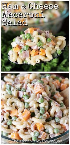 ham and cheese macaroni salad in a glass bowl with the title above it