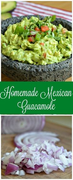 homemade mexican guacamole recipe with onions and avocado on the side