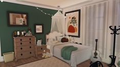 the bedroom is decorated in green and white