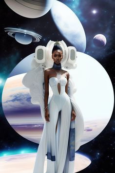 a woman standing in front of an image of planets and saturns with her hands on her hips