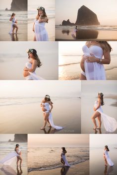 a woman in white dress standing on beach next to the ocean and posing for pictures