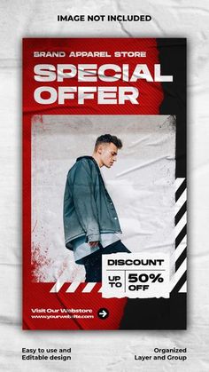 an advertisement for a clothing store with a man in grey jacket and jeans on it