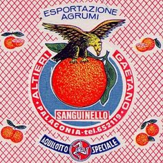 an orange label is shown in red and white checkered paper with an eagle on top