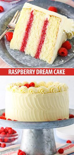 two pictures side by side one with raspberry cake and the other with white frosting