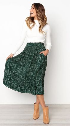 Polka Skirt, Green Midi Skirt, Long Skirt Summer, Polka Dot Midi Skirt, Outfits Jeans, Line Dot, Skirts Midi High Waisted, Printed Maxi Skirts, Skirt Midi