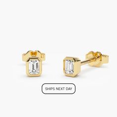 "Emerald Cut Stud Earrings in 14k Solid Gold / Trending Diamond Studs / Natural Diamond Studs / Bezel Setting Studs by Ferkos Fine Jewelry Item Details * Made to Order * Gold Kt: 14K (also available in 18K) * Available Gold Colors: Rose Gold, Yellow Gold, White Gold * Height and Width: 4.25 x 3.4 MM * Emerald Cut Diamond: 2 Pcs   * Diamond Color & Clarity: G Color SI Clarity * Diamond Ctw: 0.24 ctw  * Ready to Ship in 1-2 Business Days If you have any additional questions about this ring, just hit the \"Message Ferko\" button and we will get back to you within a few hours. ▶ See more of our Diamond Earrings - http://etsy.me/2lyqVBP ▶ See our storefront here - http://etsy.me/2lUcVnH  ▶ All store sections here * Diamond Rings - http://etsy.me/2lwKUl8 * Diamond Earrings - http://etsy.me/2lyqV Classic Yellow Gold Earrings With Bezel Setting, 14k Gold Bezel Set Earrings For Anniversary, 14k Yellow Gold Earrings With Bezel Setting, 14k Gold Earrings With Bezel Setting, Fine Jewelry 14k Gold Earrings With Bezel Setting, Classic 14k Gold Earrings With Bezel Setting, Yellow Gold 14k Bezel Set Earrings, Classic Gold Diamond Earrings As Gift, Classic Gold Diamond Earrings For Gift