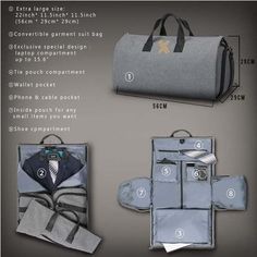 the contents of a duffel bag are shown in three different sizes and measurementss