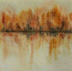 watercolor painting of trees reflecting in the still water with oranges and browns on them