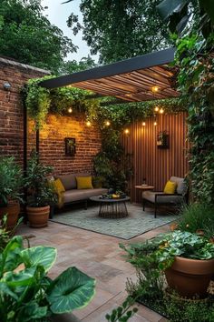 an outdoor living area with potted plants and lights