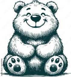 a black and white drawing of a teddy bear sitting on the ground with its eyes closed