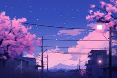 an anime scene with pink flowers on the trees and street lights in the foreground