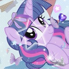 an image of a pinkie pony with purple hair and stars on her face, surrounded by butterflies