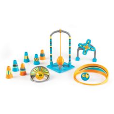 an assortment of toys such as traffic cones and giraffes