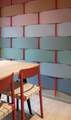 a wooden table and two chairs in front of a wall with different colored panels on it