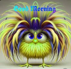 an image of a colorful bird with the words good morning on it's face