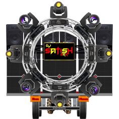 the front end of a large truck with speakers on it's sides and an image of