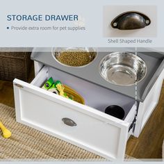 the storage drawer is open to allow food and water for small dogs in their house