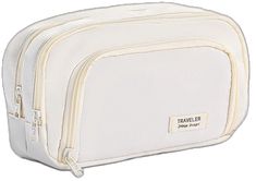 Portable Beige Pencil Case For School, Beige Portable Cosmetic Bag For School, Portable Beige Cosmetic Bag For School, Beige Travel Bags With Pen Slots, White Rectangular Cosmetic Bag With Zipper Closure, Functional White Pencil Case For Daily Use, White Cosmetic Bag With Zipper Closure, White Rectangular Cosmetic Bag For Storage, White Rectangular Cosmetic Bag With Zipper