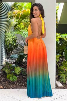 Multicolor Maxi Dress For Summer Parties, Orange Backless Maxi Dress For Summer, Orange Backless Summer Maxi Dress, Orange Backless Maxi Dress For Beach, Summer Backless Pleated Maxi Dress, Orange Backless Maxi Dress For The Beach, Multicolor Pleated Dresses For The Beach, Summer Pleated Backless Maxi Dress, Multicolor Pleated Dress For Beach