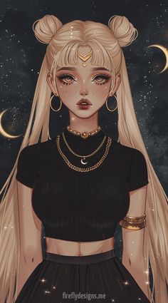 a girl with long blonde hair wearing a black top and gold jewelry, standing in front of the night sky