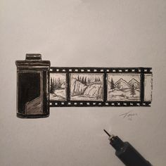 a pencil drawing of a landscape with mountains and trees in the background, on top of a film strip