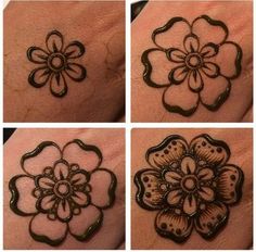 four different pictures of henna designs on someone's arm