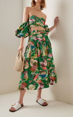 Silk Crop Top, Resort Dresses, Summer Crop Tops, Shoulder Crop Top, One Piece Dress, Green Skirt, Silk Crepe, Cropped Top, Moda Operandi