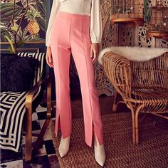 New Without Tags. In Perfect Condition. Never Worn. Light Pink Pants With Slit! * Bell Bottom Style Pants * Front Slits At Bottom * Hidden Zipper Down Back * Model Shown In Size S Size + Fit - Model Is Wearing Size S - Measurements Taken From Size S - 5'9" / 175cm - 32-24-34 Fabric: 100% Polyester White Bell Bottoms, Light Pink Pants, Back Model, Suede Pants, Velour Pants, Linen Blend Pants, Pink Doll, Perfect Pant, Roxy Women