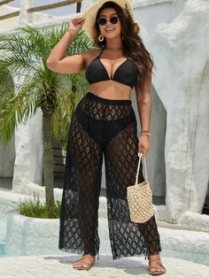 Plus Size Pool Outfit, Plus Size Pool Party Outfit, Cancun Outfits Plus Size, Beach Outfits Women Plus Size, Cancun Outfits, White Pool, Cover Up Pants, Vacation Fits, Pool Outfits