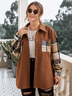 Multicolor Casual  Long Sleeve Wool-Like Fabric Plaid Regular  Slight Stretch Spring/Fall Plus Size Outerwears Drop Shoulder Coat, Walking Outfits, Fall Plus Size, Stylish Fall Outfits, Plus Size Coats, Neutral Outfit, Simple Trendy Outfits, Refashion Clothes