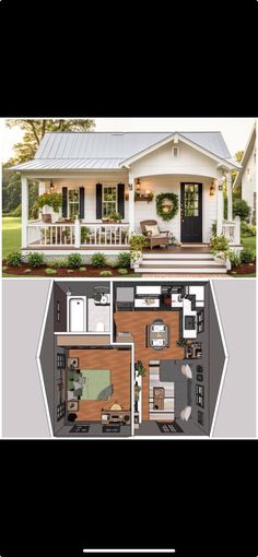 the floor plan for a small house with porches and steps leading up to the front door