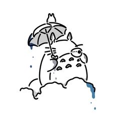 a drawing of a cat with an umbrella on top of a hill in the rain