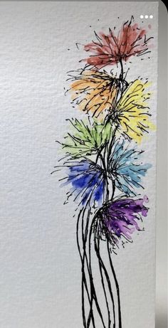 a drawing of flowers in a vase with watercolors on the paper behind it