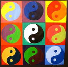 an art project with different colors and symbols in the shape of yin - yangs