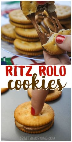 a hand holding a cookie on top of crackers with the words ritz rolo cookies above it