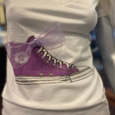 These adorable hand drawn converse Tee's with a bow, some sparkle and bling, are the perfect and cutest gift for women, girls, girlfriends who want to wear a tee that's original sweet and super cute. Hand wash lay to flat dry Drawn Converse, Coloured Converse, Handmade Gold, Gift For Women, Cute Gifts, Blue And Purple, Hand Drawn, Gifts For Women, Gender Neutral