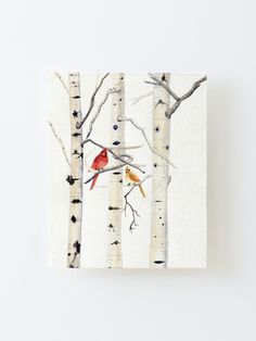 a painting of two birds perched on birch trees