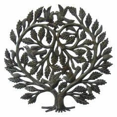 a metal tree with leaves and birds on it's back end, against a white background