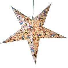 an origami star hanging from the ceiling